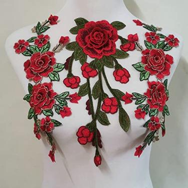 Imagem de 3 peças acessórios de vestuário bordado renda costura manual DIY pano pasta jeans pano pasta flor vestuário decoração (vermelho brilhante)