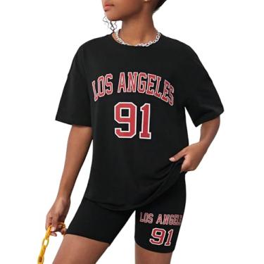 Imagem de CRISONE Roupas de verão para meninas, camiseta com estampa gráfica + shorts de motociclista, conjunto de 2 peças, 7 a 14 anos, Preto, 11-12 Anos