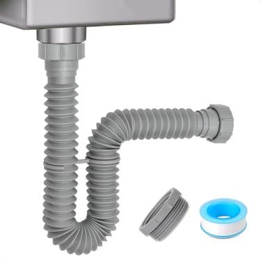 Imagem de Cinsda Armadilha P de 3,8 cm e 3,5 cm com adaptador, tubo de drenagem de pia flexível, armadilha P ajustável para kit de drenagem de pia de banheiro, triturador de lixo de cozinha, cinza