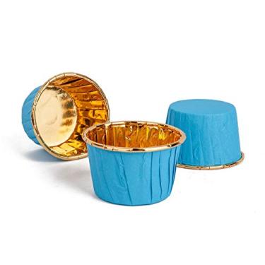Imagem de GOLDEN APPLE, Mini copos de papel alumínio para assar bolo, 50 peças, forros para muffins, formas de cupcake, forros de copo para festa de casamento, festivais de cupcake, azul em ouro