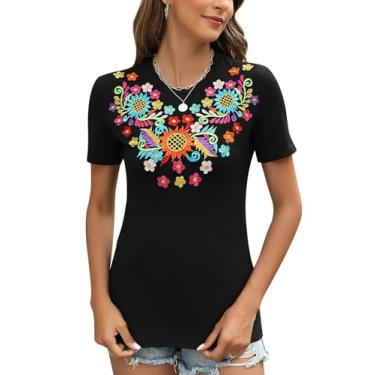 Imagem de Vackutliv Camisas mexicanas femininas bordadas blusa tradicional de verão túnica floral feminina gola redonda manga curta, Nº 692, preto, 3G