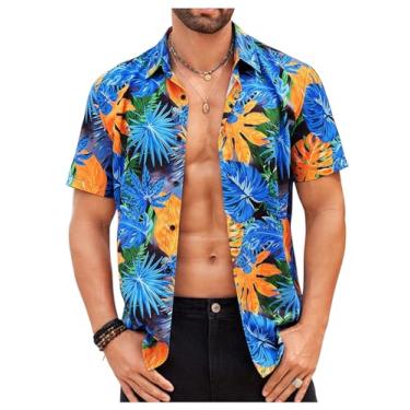 Imagem de Verdusa Camisa masculina Havaí com estampa tropical de manga curta e gola abotoada, Azul, GG
