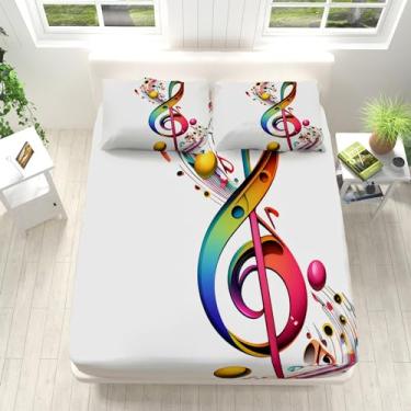 Imagem de Jogo de lençol branco com estampa de símbolo de música colorida, bolso alto, de microfibra, hotel, luxuoso, 1 lençol de cima, 1 lençol com elástico e 2 fronhas