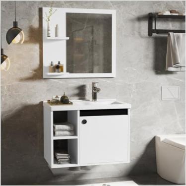 Imagem de CONJUNTO GABINETE COM ESPELHEIRA E CUBA PARA BANHEIRO 60CM ADONIS - MDF/MDP/MARMORE SINTETICO (Branco/Preto)