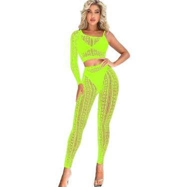 Imagem de EHSUYAB Rave Outfits para mulheres, macacão de malha sexy, festa, clube, 2 peças, lingerie arrastão, body e festival de música, Verde neon, 0-14