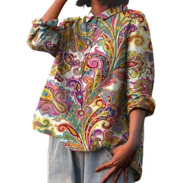 Imagem de Camiseta feminina de verão, estampa de linho, lapela e gola com botões, manga comprida, caimento solto, túnica, Vermelho, M