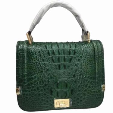 Imagem de Bolsa feminina de couro de crocodilo autêntica com aba de couro de jacaré genuíno pequena bolsa de ombro feminina oblíqua, Verde, 22.5cm(Length) x 18cm(Height) x 12cm(Deep)