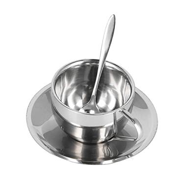 Imagem de Conjunto de caneca de caf¨¦ de 3 pe?as/conjunto, x¨ªcara de caf¨¦ de a?o inoxid¨¢vel,conjunto de caneca de caf¨¦ isolada de parede dupla com pires e colher(Milano Double Layer Suit-180ML), Conjunto de