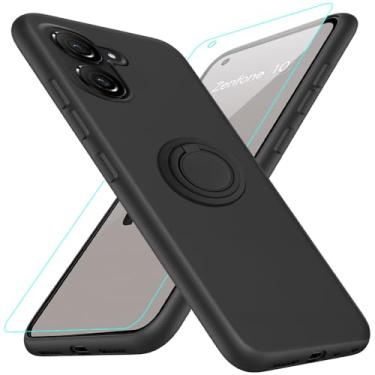 Imagem de Capa ASUS Zenfone com protetor de tela de vidro, suporte de anel giratório 360 - capa protetora de silicone TPU à prova de choque para Zenfone 9/10 - preta