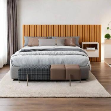 Imagem de Cabeceira Ripado Para Cama de Casal/Queen Maracá Nature Com Mesa de Cabeceira Jatobá OffWhite - Rede Móveis