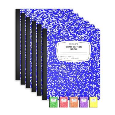 Imagem de E-CLIPS USA Cadernos de composição, (pacote com 6), caderno de composição pautada ampla, caderno de composição de mármore, 100 folhas, 200 páginas (6, azul)