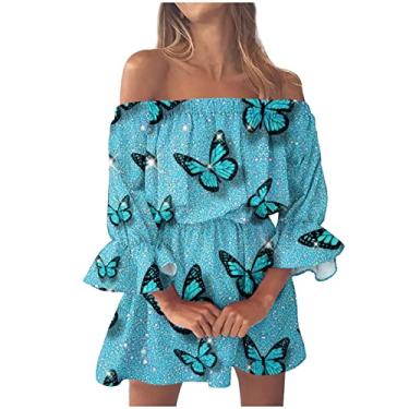 Imagem de Generic Vestido de praia feminino comprimento 3/4 manga bufante vestido de ombro vazado para mulheres chiffon floral midi vestido plissado havaiano, W-64 Azul royal, GG