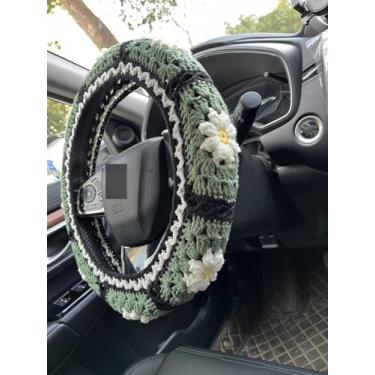 Imagem de YDM Capa de volante de margarida de crochê, capa de volante de margarida 3D para mulheres, capa de volante bonita, acessórios de carro (A, capa de volante)