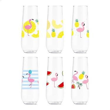 Imagem de TOSSWARE POP 265 ml Flauta Let's Fla-mingle Series, conjunto de 6, qualidade premium, recicláveis, inquebráveis e óculos impressos de plástico transparente