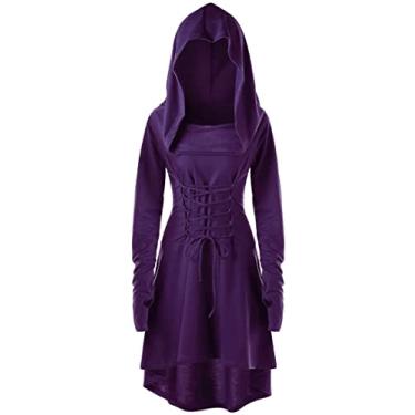 Imagem de FEOYA Vestido de moletom feminino com capuz medieval alto baixo robe steampunk gótico manga longa vestidos renascentistas, B roxo, Large