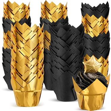 Imagem de Queekay 160 peças de forros de cupcake de tulipa para assar muffin, copos de papel de folha de alumínio, embalagens descartáveis para cupcake, forros de muffin à prova de gordura para casamento de ano