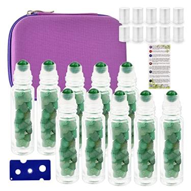 Imagem de fengshuisale Frasco de óleo essencial de 10 ml com estojo de viagem de EVA (garrafa de vidro transparente com tampa prateada, pacote com 10 unidades, esferas de rolo de pedras preciosas, lascas de