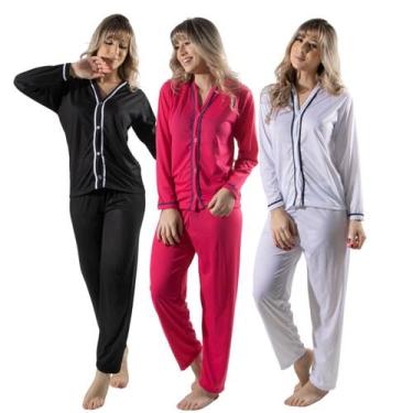 Imagem de Kit 3 Pijamas Blogueira Longo Aberto Botões Amamentação - Bella Fiore 