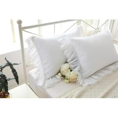 Imagem de Capas de travesseiro brancas com babados de renda vintage chique, fronhas de algodão, tamanho padrão, 50 x 66 cm, luxo, elegante, pacote com 2