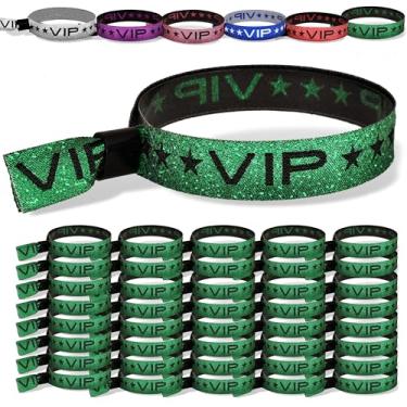Imagem de TARACANA Pacote com 110 pulseiras de festa VIP verdes brilhantes com clipe de bloqueio seguro. Pulseiras VIP brilhantes ajustáveis para eventos, festas, casamentos e festivais., Tecido tecido