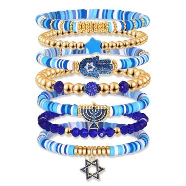 Imagem de NVENF Pulseiras de Hanukkah para mulheres, pulseira judaica, Stack Star of Davi, Menorah, Dreidel, pulseiras elásticas azuis com contas Heishi, roupa de Hanukkah, joias judaicas, presentes, Large,