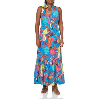 Imagem de London Times Decote em V com babados e bolsos evasê | Vestidos casuais femininos maxi em camadas, Azul/vermelho, 44