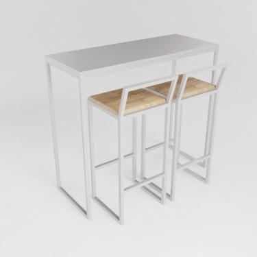 Imagem de Bancada Cozinha Balcão Gourmet 120cm Branco Com 2 Banquetas Pinus Br -