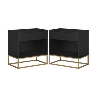 Imagem de Kit 2 Mesas de Cabeceira Industrial C/ Gaveta e Nicho Preto Base de Fe