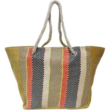 Imagem de Bolsa de Praia Bege Claro Colorida Feminina Listrada Alça Verão Piscin