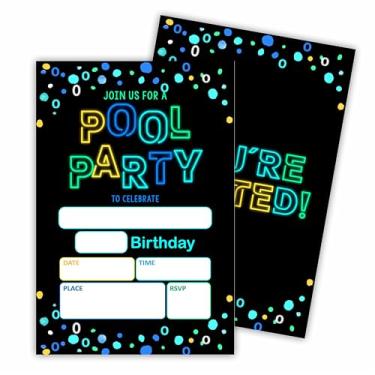 Imagem de Hsupl Cartões de convite de aniversário (10 x 15 cm - Festa na piscina - Conjunto de 20 convites de aniversário com envelopes - Convites neon retrô de verão para meninos meninas adolescentes crianças