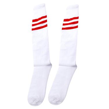 Imagem de Meias de futebol unissex esportivas listradas de cano alto atlético para corrida e futebol, White Red, Medium
