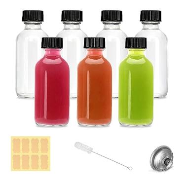 Imagem de Garrafas pequenas de vidro transparente de 59 ml com tampas – Pacote com 7 frascos de shot com tampas para doses de gengibre, suco, poção, líquidos, uísque – Mini garrafas de viagem com funis, adesivos e pincel (pacote com 7 unidades)