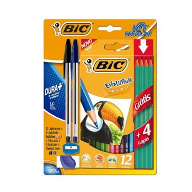 Imagem de BIC, Kit Escolar, Lápis de Cor Sextavado + Lápis Preto Evolution + Canetas Cristal Dura + Com Borracha e Apontador