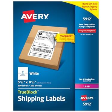 Imagem de Avery Etiquetas de endereço de entrega, impressoras a laser, 500 etiquetas, etiquetas de meia folha, adesivo permanente, TrueBlock (5912) - 05912, branco