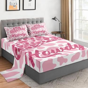 Imagem de WeCozy Jogo de lençol casal com fronhas, vaca caubói ocidental, 4 peças, roupa de cama de microfibra macia para crianças e adultos, lençol com elástico para decoração de cama de quarto