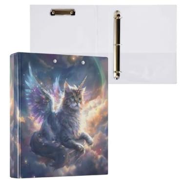 Imagem de Fichário de 3 anéis de unicórnio gato com asas, fichário redondo de 3,8 cm, fichário com 200 folhas para mulheres, homens, escritório, crianças, material escolar, 1 pacote