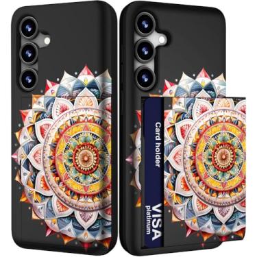 Imagem de IWONE Capa para celular compatível com Samsung Galaxy S24 FE fofa com porta-cartões/S24FE à prova de choque slim slot carteira capa de telefone para mulheres/mandala amarela ornamento étnico floral