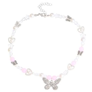 Imagem de Aesthetic Y2k Colar vintage imitação de pérola com contas cruz borboleta tulipa coração charme colar gargantilha para mulheres, Resina, Sem Pedra Preciosa