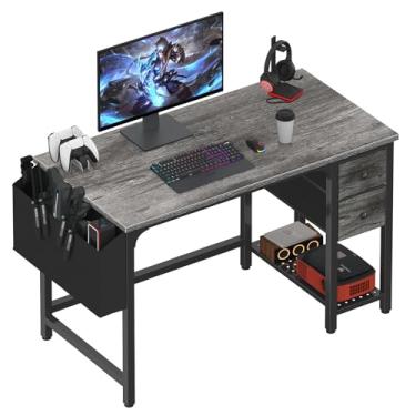 Imagem de Lufeiya Mesa de computador com gavetas de tecido, mesa de jogos de 101 cm para escritório em casa com espaço pequeno, mesa de estudo simples e moderna para quarto, cinza
