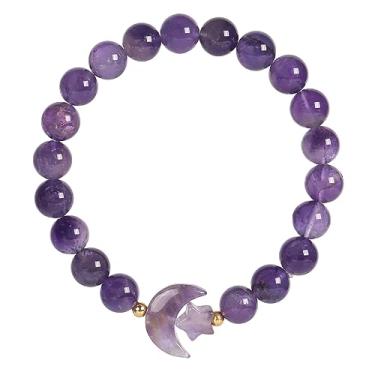 Imagem de Nupuyai Pulseiras de pedra de cristal de 8 mm para mulheres e homens, pulseiras elásticas com estrela da lua, regular, Ametista, Cristal de ametista