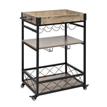 Imagem de Carrinho de Armazenamento Carrinho de serviço de bar, carrinho de armazenamento de cozinha móvel para casa, carrinho estilo vintage industrial com 5 garrafas de vinho e 9 taças de vinho Carrinho de Ar