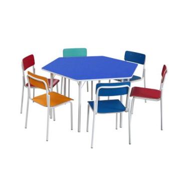 Imagem de Conjunto Sextavado Adulto Azul c/ Cadeiras em Fórmica - SchoolCenter