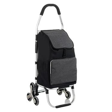Imagem de Carrinho de compras dobrável de 6 rodas com moldura de alumínio e bolsa à prova d'água com cesta de subir escadas, comporta até 75 kg, cor preta