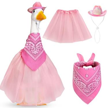 Imagem de Aliceset 3 peças de roupas de ganso de alpendre de cowboy para 58 cm de gramado de cimento estátua de ganso roupas chapéu e bandana saia tutu de renda para festa ocidental quintal ao ar livre (rosa)