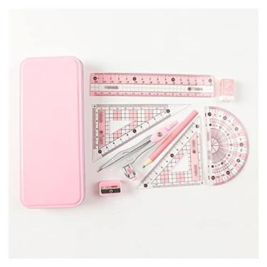 Imagem de Conjunto de geometria de bússola de matemática, kit de ferramentas de matemática de 8 peças com bússolas, transferidor, borracha, apontador triangular, caixa de armazenamento de régua de 15 cm para
