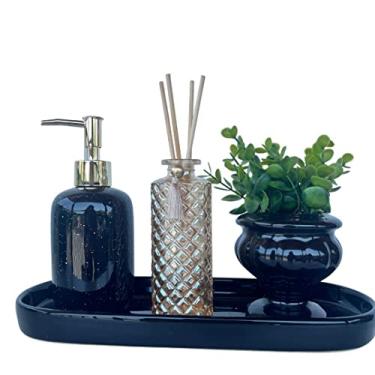 Imagem de Bandeja preta + vaso taça + difusor âmbar + porta sabonete