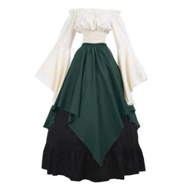 Imagem de ROLECOS Fantasia renascentista feminina camponesa medieval vestido trompete manga vitoriana Ren feir camisa e saia, Dark Green, Large