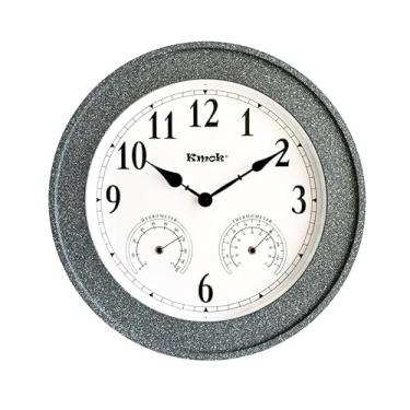 Imagem de Kmok Relógio de parede impermeável de concreto sintético de 50 cm com termômetro e higrômetro – Relógio decorativo redondo silencioso operado por bateria para pátio e casa