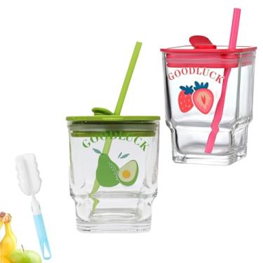 Imagem de HMTRADE Copos de vidro de água com canudo e tampa, copo de vidro reutilizável de 300 ml/450 ml para chá e suco de frutas, canecas de café com isolamento de parede grossa fofa para Matcha (300 ml)