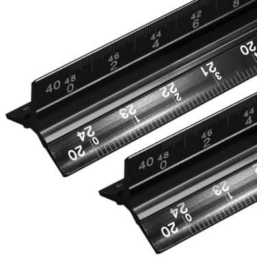 Imagem de Biaungdo Pacote com 2 réguas de escala de engenheiro, ferramenta de desenho triangular de alumínio sólido de 30,5 cm, régua gravada a laser para engenheiro civil, preta (1:10, 1:20, 1:30, 1:40, 1:50